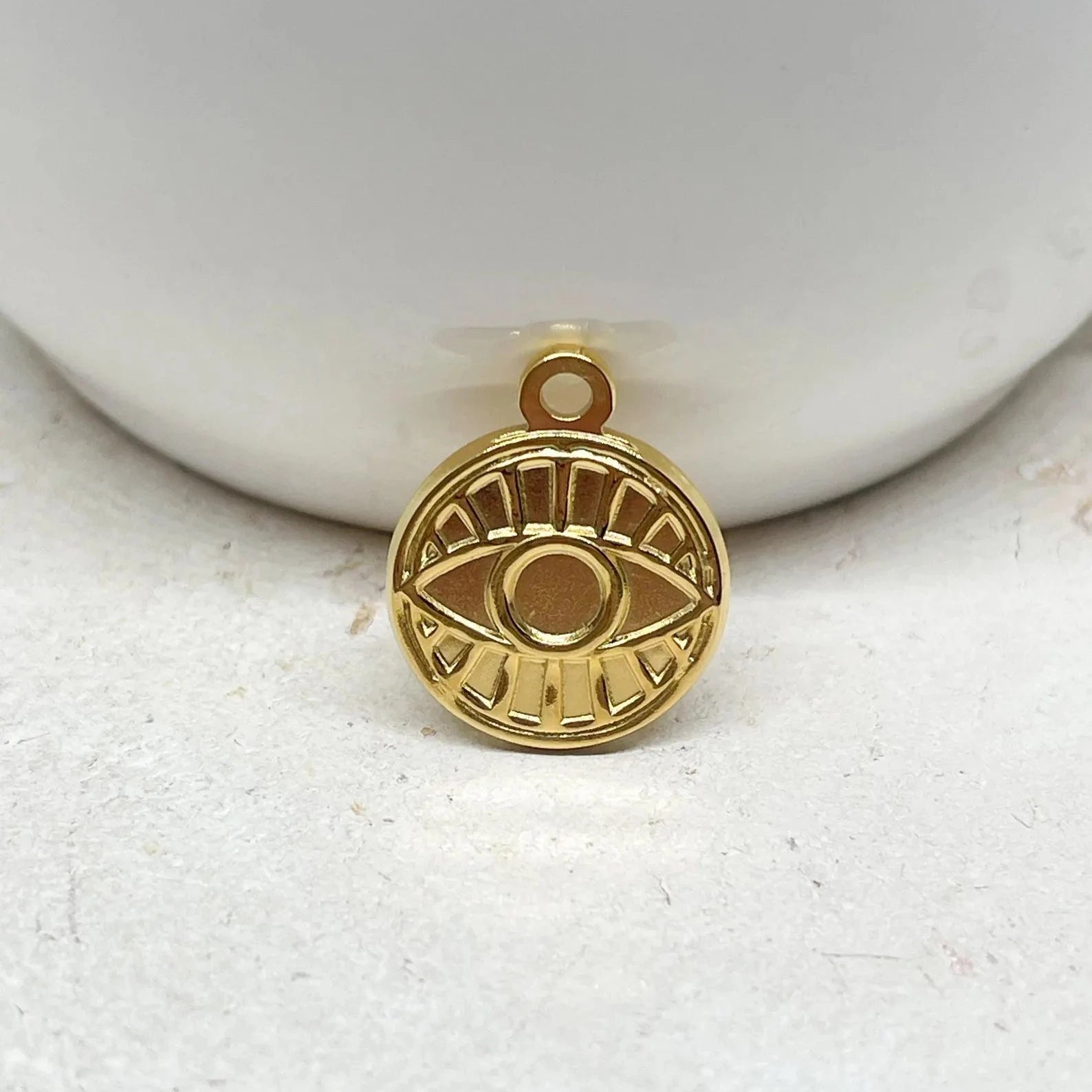 2 St. Anhänger Scheibe flach mit Auge aus Ionenebeschichtetem Edelstahl, 18K vergoldet, wasserfest.