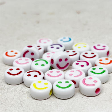 25 St. Runde Perlen mit Happy Face 10mm - Weiß Bunt