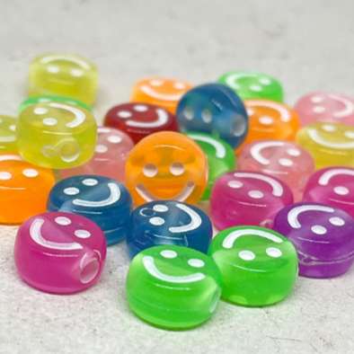 25 St. Runde Perlen mit Happy Face 10mm - Neon Bunt
