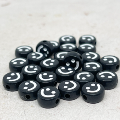 25 St. Runde Perlen mit Happy Face 10mm - Schwarz/Weiß