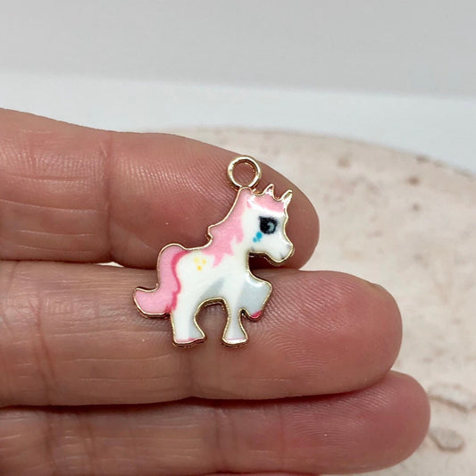 5 St. Einhorn Anhänger Emaille - Weiß/Rosa