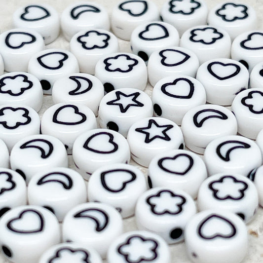 50 St. Runde Perlen mit Happy Face 7mm - Sterne/Herz/Mond - Weiß/Schwarz