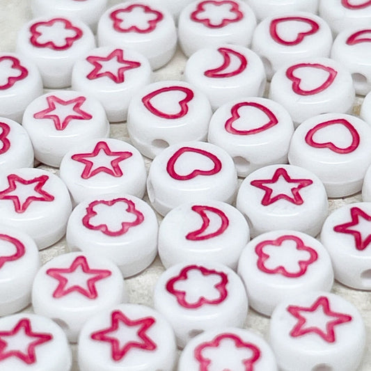 50 St. Runde Perlen mit Happy Face 7mm - Sterne/Herz/Mond - Weiß/Rot