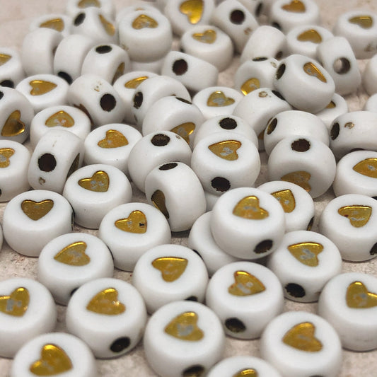 50 St. Acrylperlen mit Herz Perlen 7mm Weiß Gold