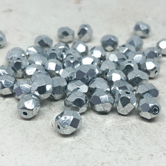50 St. Böhmische Glasschliffperlen 6mm, Glasperlen Silberfarben