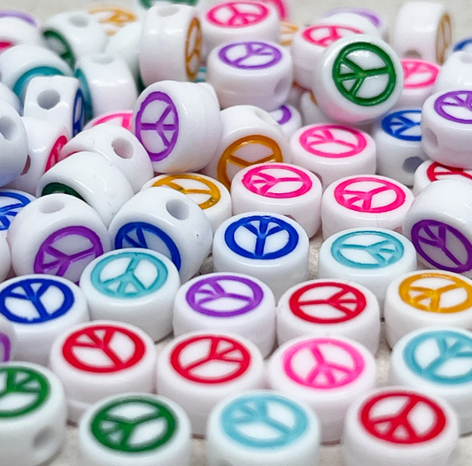 50 St. runde Perlen mit Peace Zeichen Friedenszeichen 7mm - Weiß Bunt 2