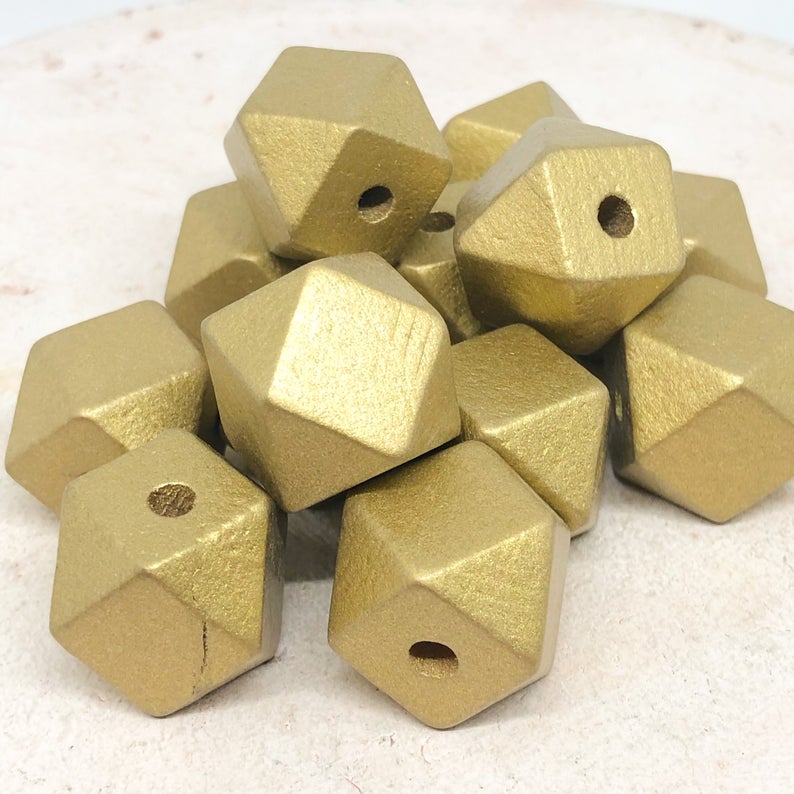 20 St. Polygon Spacer Perlen, Holz Perlen Polygon, facettierte Würfel aus Holz, 20mm achteckige Perlen, gold- oder silberfarben