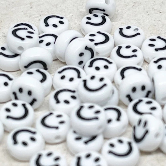 50 St. runde Perlen mit Happy Face, Perlen 7mm weiß schwarz