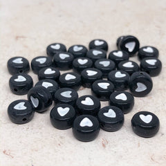 50 St. Acrylperlen mit Herz Perlen 7mm - Schwarz/Weiß