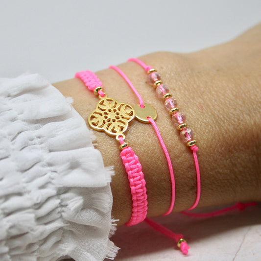 Drei Armbänder Neon Rosa-Gold, Geflochtene Armbänder, Armband mit Plätchen