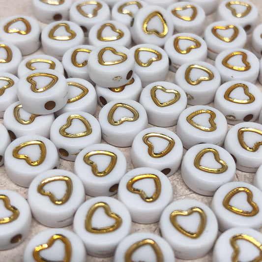 50 St. Acrylperlen mit Herz Perlen 7mm Weiß-Gold